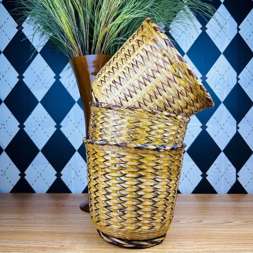 Vintage Woven Basket Set of 3‎ Primitive Natural Reed Set Rustic Traditional